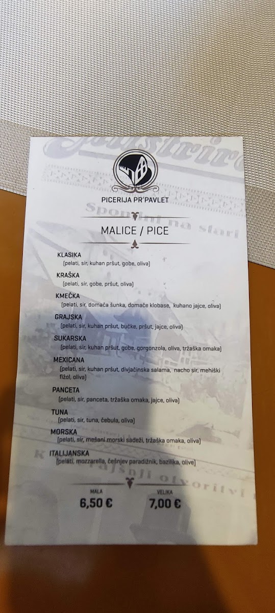 Menu Picerija Pr'pavlet, Setima Gostinstvo D.o.o.-2